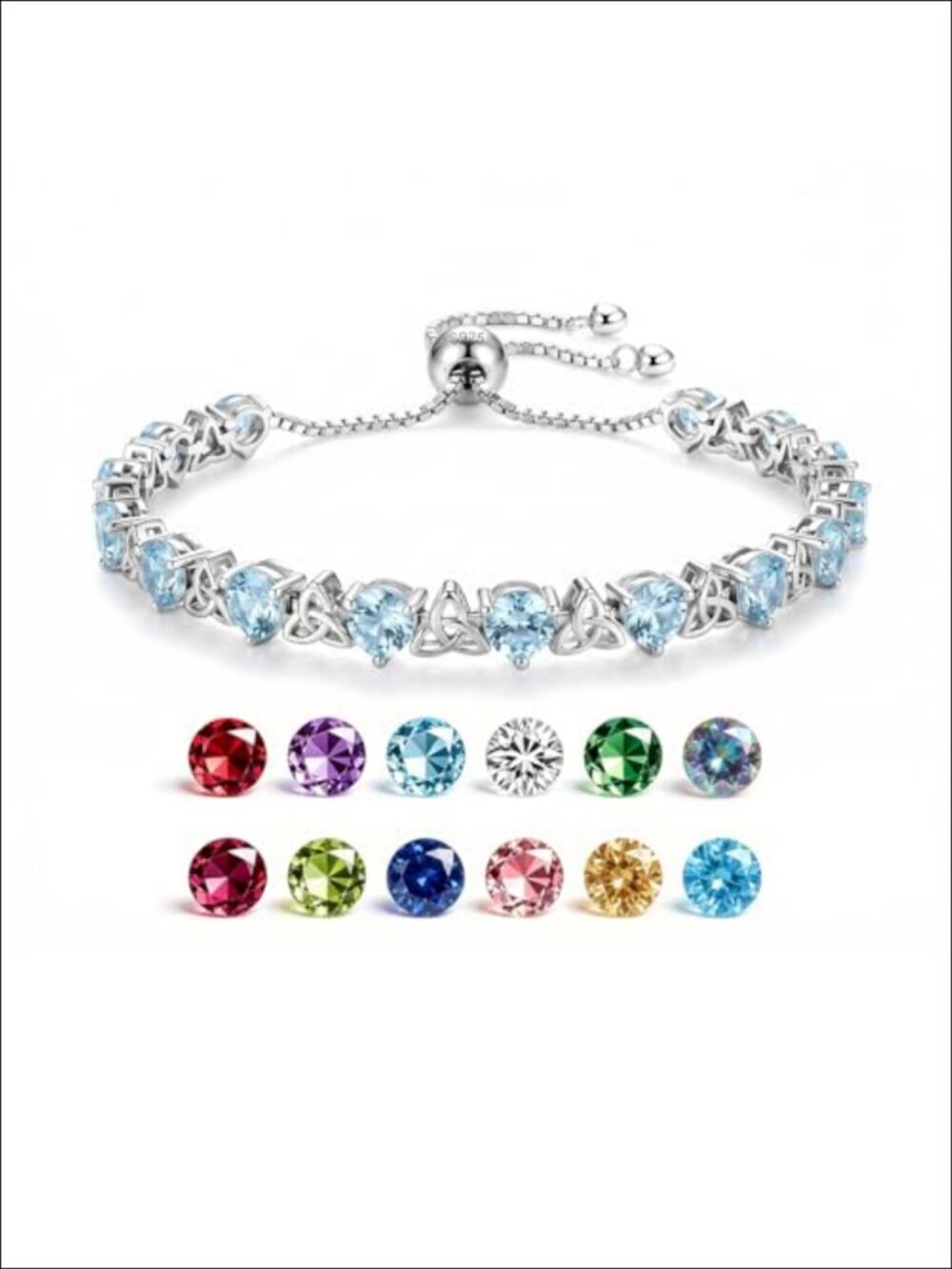 Sterling Silver White Gold Plated Aquamarine Tennis Bracelet Celtic Knot 8CT